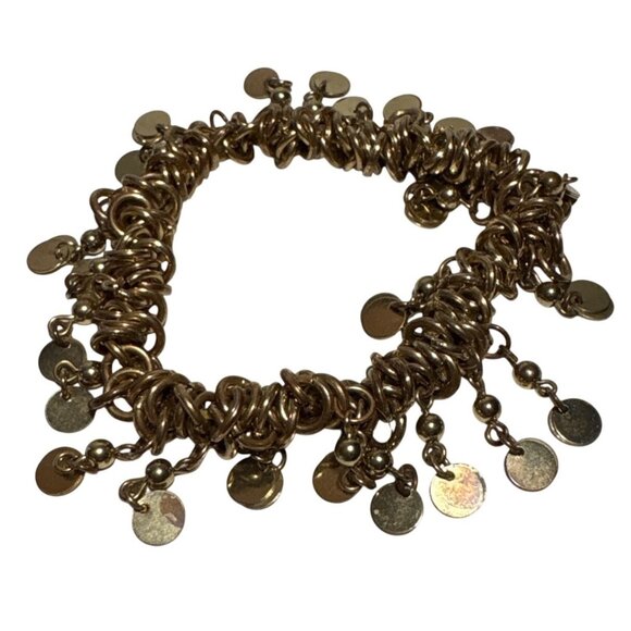 Gold-Tone Chain Link Bracelet With Dangling Discs Accent Stretch Braclet - Picture 1 of 4
